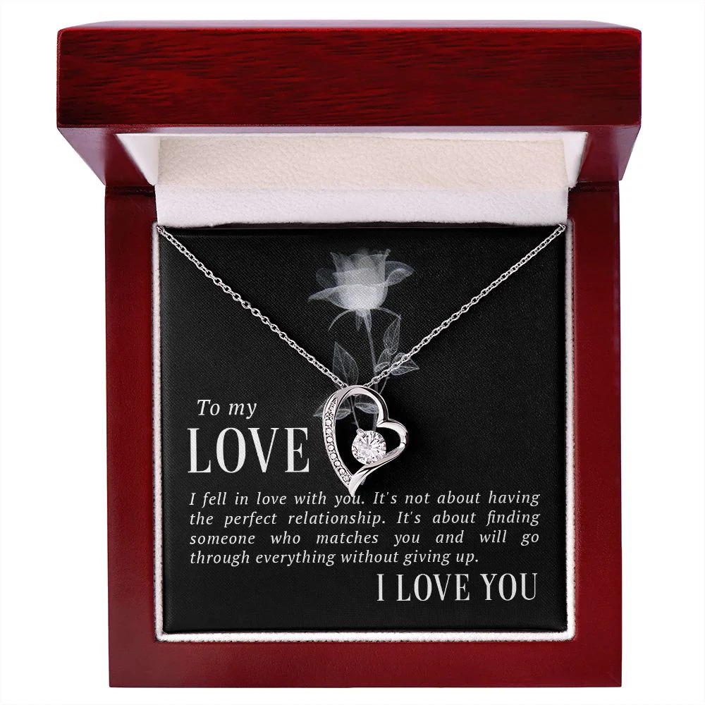 My Love Fell in Love Forever Love CZ Heart Necklace Yellow Gold Standard Box